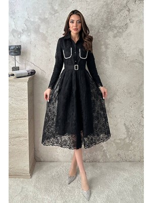 Maxi Modena Siyah Taşlı Elbise