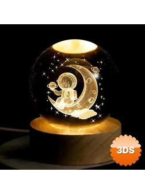 3D Sepetim Ay Üstünde Astronot Tasarımlı Işıklı Cam Küre Büyük Boy 8 Cm