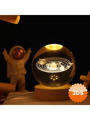 3D Sepetim Gezegenler Temalı Ahşap Altlıklı Işıklı Cam Küre