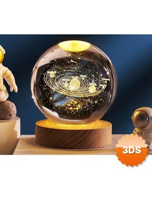 3D Sepetim Dekoratif Gezegen Tasarimli Ahsap Altlikli Isikli Cam Kure Buyuk Boy
