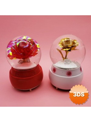 3D Sepetim Büyük Boy Güllü Kar Küresi, Işıklı ve Müzikli 18x9.5 cm