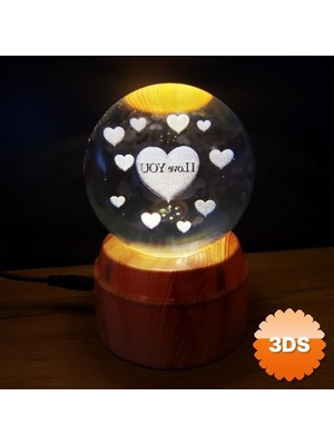 3D Sepetim 360 Derece Dönen I Love You Tasarım Standlı Cam Küre