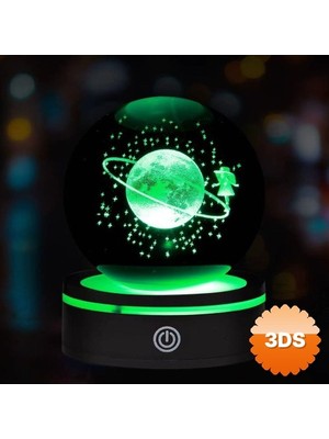3D Sepetim Renk Değiştiren Satürnlü Kız Dönen Cam Küre