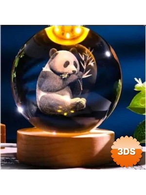 3D Sepetim Dekoratif Panda Tasarımlı Ahşap Altlıklı Işıklı Cam Küre 8 cm