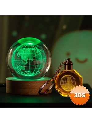 3D Sepetim Renk Değiştiren Dünya Tasarımlı Cam Küre ve Kristal Anahtarlık Seti