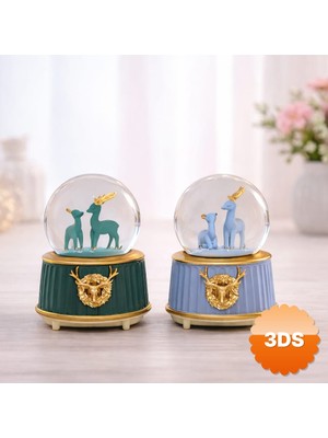 3D Sepetim Orta Boy Geyik Figürlü Kar Küresi Müzikli ve Işıklı 13x8x8 cm