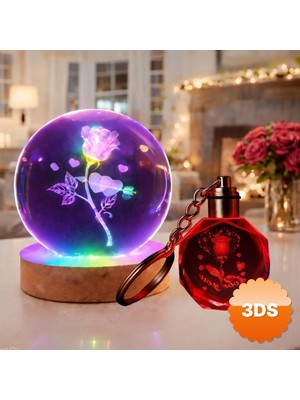3D Sepetim I Love You Tasarım Işıklı Cam Küre ve Anahtarlık Seti