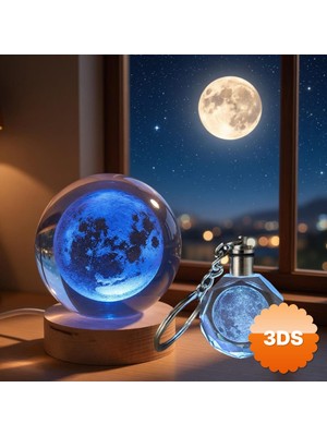 3D Sepetim Dolunay Tasarımlı Işıklı Cam Küre ve Kristal Anahtarlık Seti