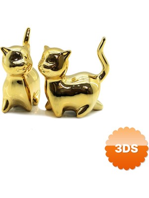 3D Sepetim Kuyruklu Kedi Tasarımlı Biblo Orta Boy Seramik Parlak Altın