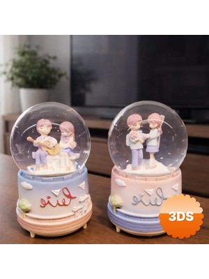 3D Sepetim Orta Boy Romantik Çift Temalı Kar Küresi Müzikli ve Işıklı 13x8x8 cm