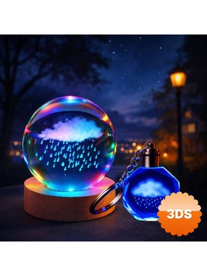 3D Sepetim Işıklı Yağmur Bulutu Tasarımlı Kristal Cam Küre ve Anahtarlık Hediye Seti
