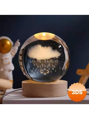 3D Sepetim Işıklı Kristal Cam Küre Yağmur Bulutu Tasarımlı Ahşap Altlıklı USB Gece Lambası