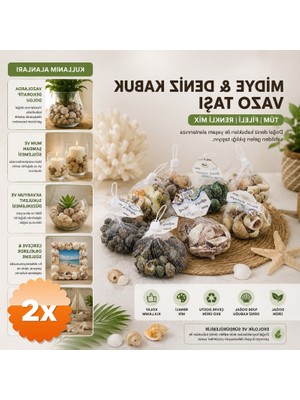 3D Sepetim 2 Adet Dekoratif Vazo Taşı Midye ve Deniz Kabuğu Fileli Renkli Mix