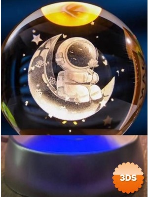 3D Sepetim Ay Üstünde Astronot Tasarımlı Plastik Altlıklı Işıklı Cam Küre