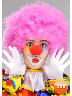 3D Sepetim Pembe Renk Kıvırcık Afro Bonus Peruk Takma Saç Ve Kırmızı Burun Seti