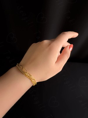 Paperclip -Gurmet Model Iki Zincirli Gold Çelik Bileklik | Sevgili Takı Koleksiyonu