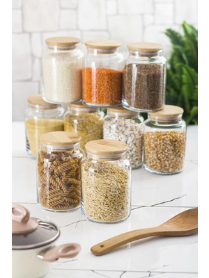 Akıllı Bayi 9 Lu Set Bambu Kapaklı Cam Kavanoz & Erzak Saklama Kabı 800 ml Orta Boy ( Vakum Kapak )