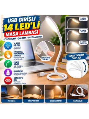 Astraltech USB Girişli 14 Ledli 3 Kademeli Dokunmatik Masa/kitap Okuma Lambası Ledi Beyaz Bezoss