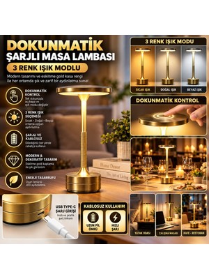 Astraltech Eskitme Gold Kasa Dokunmatik Şarjlı Masa Lambası – 3 Renk Işık Modlu, LED Aydınlatmalı, Modern & Dekoratif Abajur Bezoss