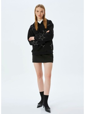 Koton 7WAL10033IK Siyah Kadın Kapüşonlu Desenli Oversize Sweatshirt