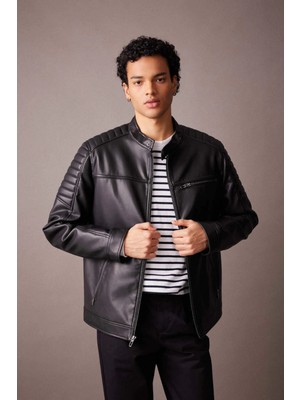 DeFacto A0547 Su Itici Slim Fit Dik Yaka Suni Deri Mont