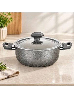 MiraLive Granit Kaplamalı Derin Tencere 22 cm Cam Kapak