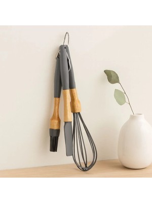 MiraLive Silikon Çırpıcı, Fırça ve Spatula - Ahşap Bambu Saplı