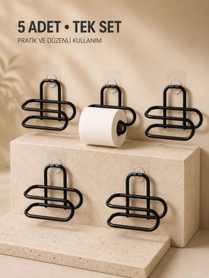 MiraLive Delmeden Monte Tuvalet Kağıdı Askısı Siyah Metal Yapışkanlı Banyo Kağıtlığı 5’li Set