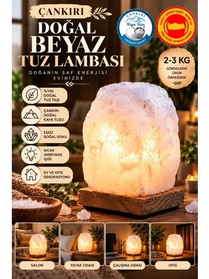 MiraLive Çankırı 2-3 kg Beyaz Doğal Kaya Tuzu Lambası Ahşap Kaideli Dekoratif Lamba