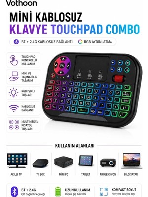 MiraLive Rgb Işıklı Mini Kablosuz Klavye Touchpad Combo, Bluetooth ve 2.4g Smart Tv Kumandası