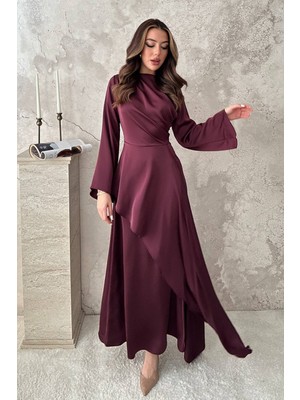 Maxi Modena Bordo Yandan Bağlamalı Saten Elbise