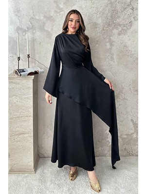 Maxi Modena Siyah Yandan Bağlamalı Saten Elbise