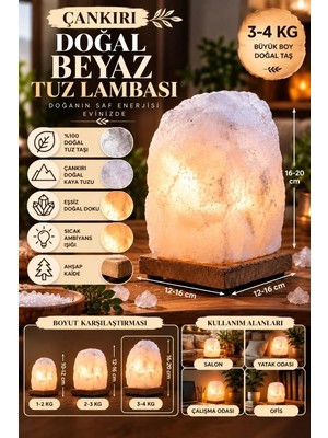 MiraLive Çankırı 3-4 kg Beyaz Doğal Kaya Tuzu Lambası Ahşap Kaideli Dekoratif Lamba
