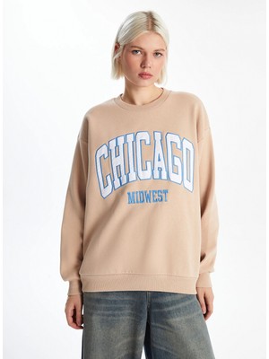 LC Waikiki Xsıde Kahverengi Bisiklet Yaka Baskılı Oversize Kadın Kalın Sweatshirt