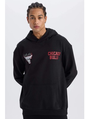 Defacto D6574 Siyah Defactofit Nba Chicago Bulls Boxy Fit Kapüşonlu Sırt Baskıllı Kalın Sweatshirt