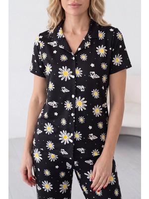 Lissa Butik Premium Kalite Kadın Pijama Takımı - Papatya ve Kelebek Desenli Kısa Kollu Gömlek Yaka Milan Ku