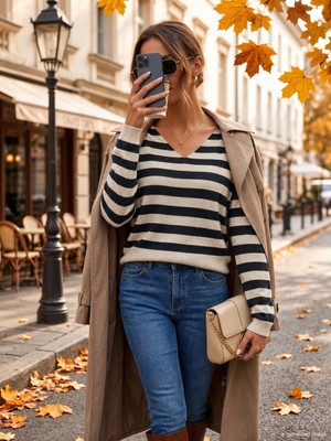 Lissa Butik Moda Kadın Uzun Kollu V Yakalı Çizgili Triko Bluz Wear
