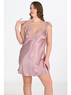 Lissa Butik Premium Koleksiyon Premium Büyük Beden Dantel Işlemeli Vizon Gecelik Wear