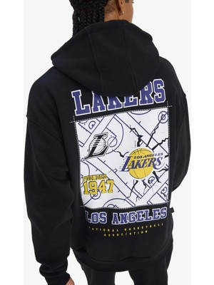 Defacto D8489 Siyah Defactofit Nba Los Angeles Lakers Oversize Geniş Kalıp Kapüşonlu Kalın Sweatshirt