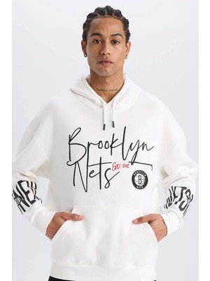 Defacto D8513 Ekru Defactofit Nba Brooklyn Nets Oversize Geniş Kalıp Kapüşonlu Kalın Sweatshirt
