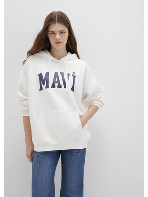 Mavi 1600361-81964 Mavi Logo Baskılı Kapüşonlu Beyaz Sweatshirt