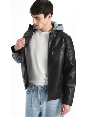 LC Waikiki Xsıde Siyah Slim Fit Kapüşonlu Erkek Deri Görünümlü Mont