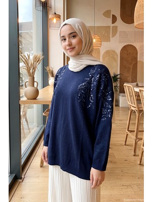 Lêvi D'or Boncuk Işleme Detaylı Simli Triko Tunik 650006 Koyu Mavi