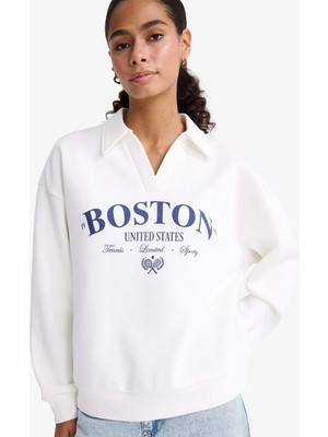 Defacto F1064AXER105 Ekru Relax Fit Polo Yaka Baskılı Kalın Sweatshirt