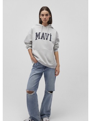 Mavi 1600361-34322 Mavi Logo Baskılı Kapüşonlu Gri Sweatshirt