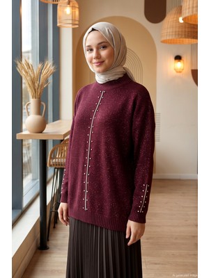 Lêvi D'or Taşlı Simli Ribana Detay Tunik 650014 Koyu Bordo