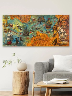 Simurg Sanatevi Denizler ve Donanma Haritası Yağlı Boya Tablosu - Tuval Üzerine El Yapımı - 210 x 100 cm