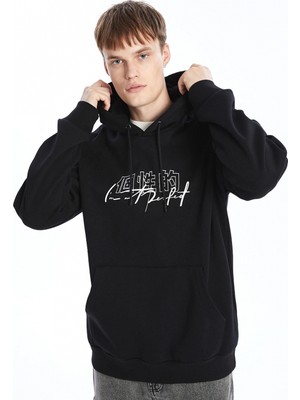 LC Waikiki Xsıde Siyah Uzun Kollu Baskılı Erkek Kalın Hoodie