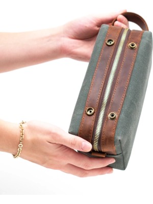 Gillario Design 06 Unisex Kanvas Kumaş+Deri Haki Yeşil-Taba Eskitme Dopp Kit