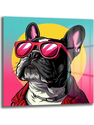 GLAZELLA Havalı Fransız Bulldog Pop Art Cam Tablo | Canlı Renklerle Modern Duvar Dekoru
